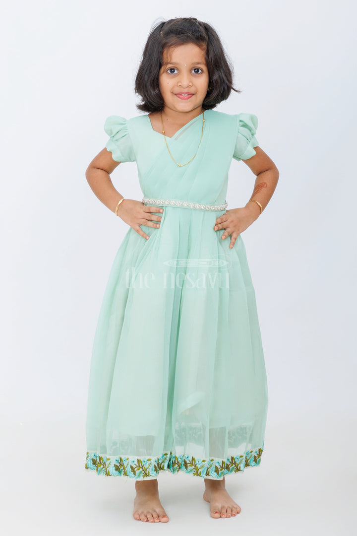 The Nesavu Girls Casual Gown Girls Evening Party Gown in Georgette with Puff Sleeves and Embroidered Border Nesavu Nesavu Girls Evening Party Gown Georgette Puff Sleeves Embroidered Hem