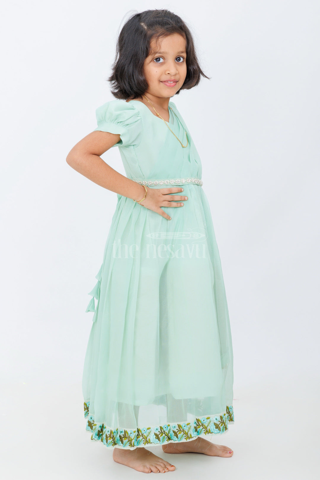 The Nesavu Girls Casual Gown Girls Evening Party Gown in Georgette with Puff Sleeves and Embroidered Border Nesavu Nesavu Girls Evening Party Gown Georgette Puff Sleeves Embroidered Hem