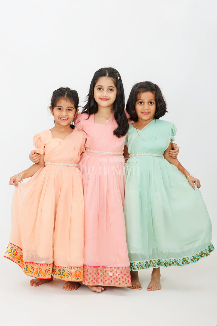 The Nesavu Girls Casual Gown Girls Evening Party Gown in Georgette with Puff Sleeves and Embroidered Border Nesavu Nesavu Girls Evening Party Gown Georgette Puff Sleeves Embroidered Hem