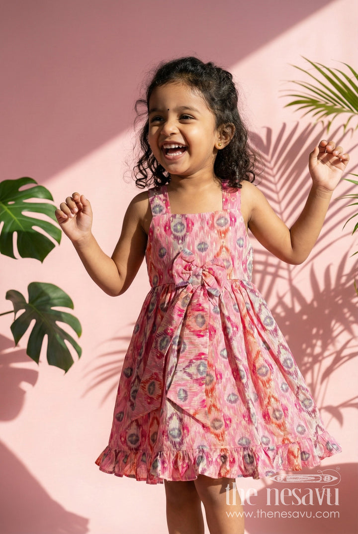 The Nesavu Girls Fancy Frock Girls Everyday Casual Cotton Frock in Pink Modal Silk with Digital Print and Ruffled Hem for Daily Style Nesavu 18 (2Y) / Pink GFC1791A-18 Nesavu Pink Girls Everyday Casual Cotton Frock Modal Silk Digital Print Bow Detail