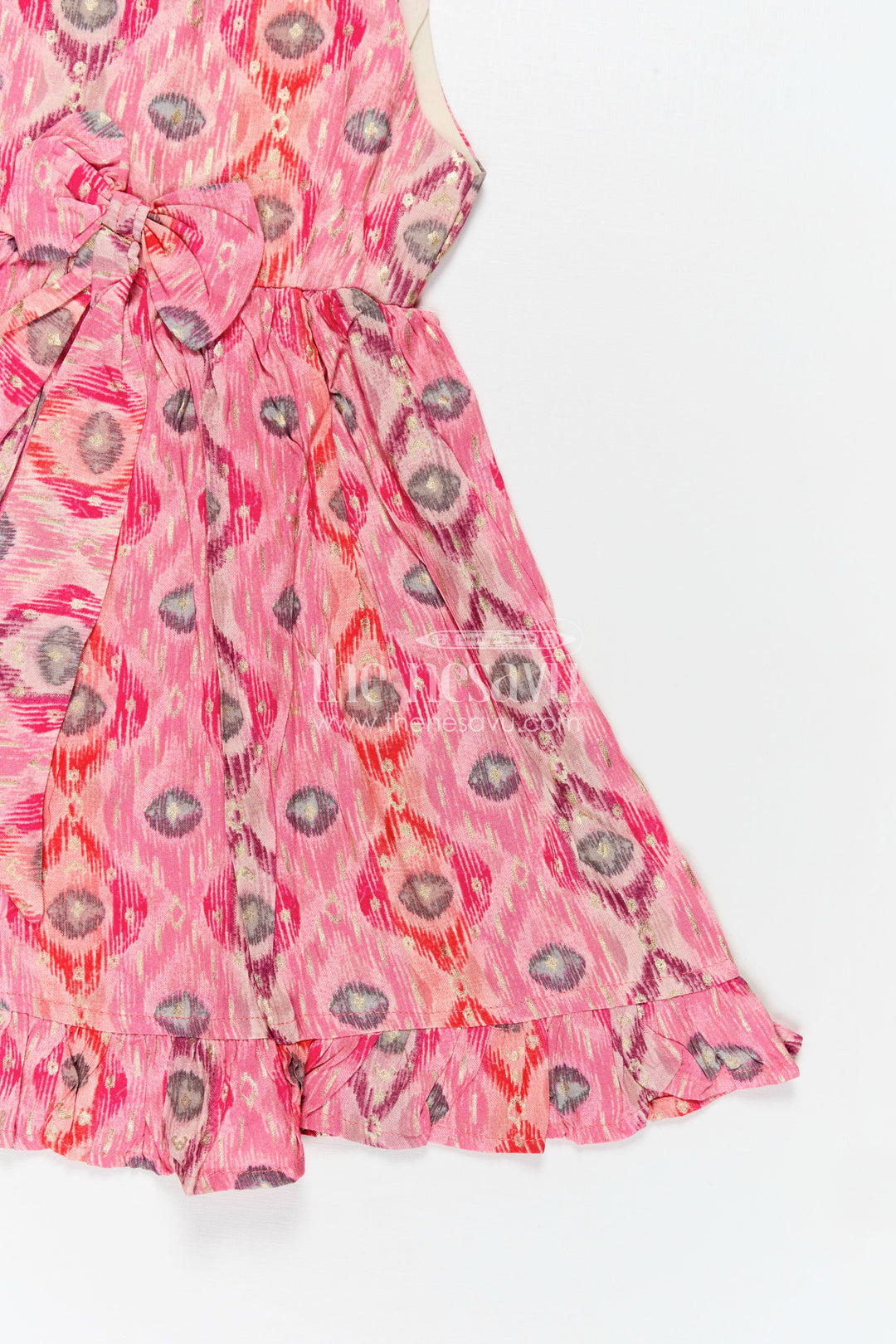 The Nesavu Girls Fancy Frock Girls Everyday Casual Cotton Frock in Pink Modal Silk with Digital Print and Ruffled Hem for Daily Style Nesavu Nesavu Pink Girls Everyday Casual Cotton Frock Modal Silk Digital Print Bow Detail