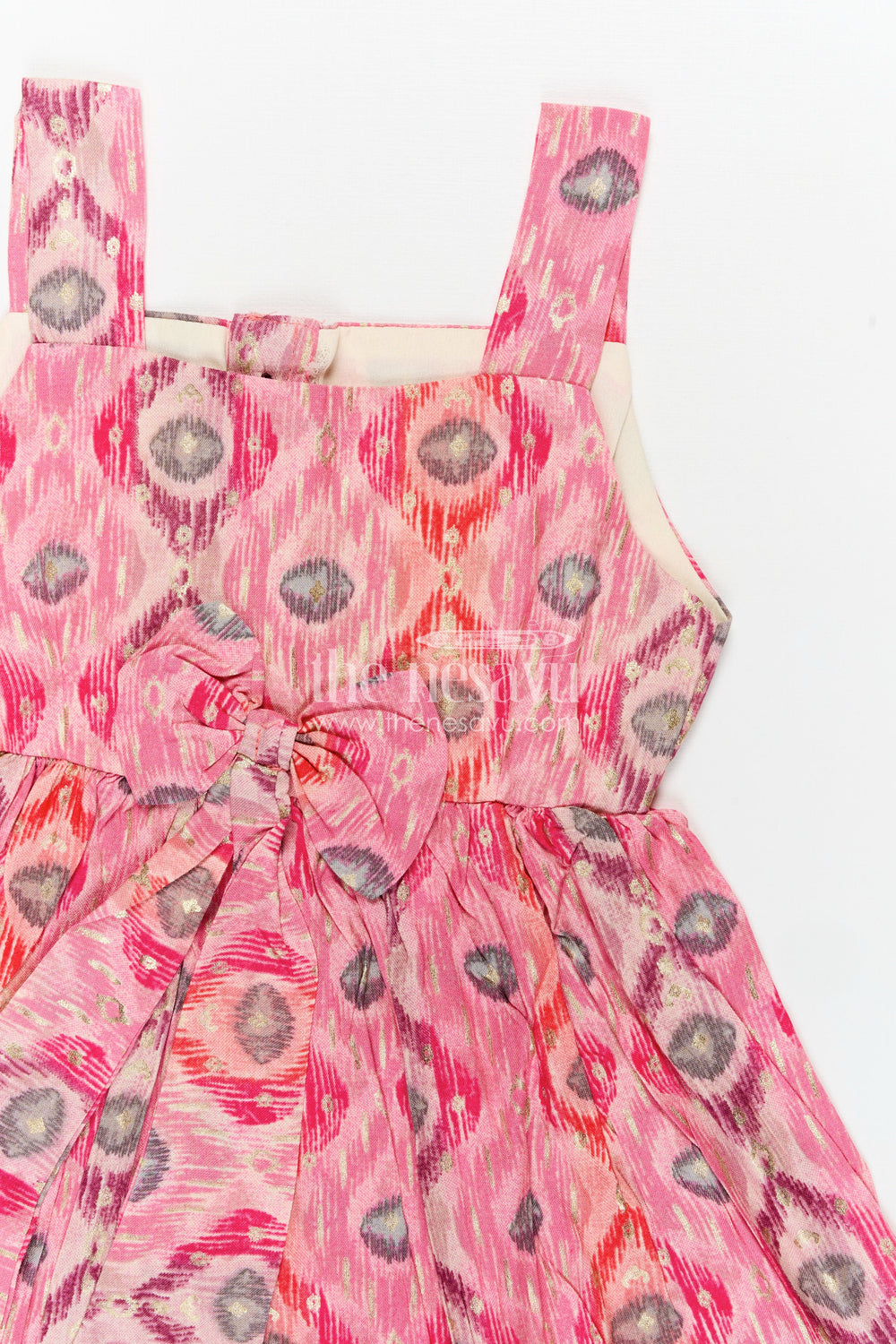 The Nesavu Girls Fancy Frock Girls Everyday Casual Cotton Frock in Pink Modal Silk with Digital Print and Ruffled Hem for Daily Style Nesavu Nesavu Pink Girls Everyday Casual Cotton Frock Modal Silk Digital Print Bow Detail