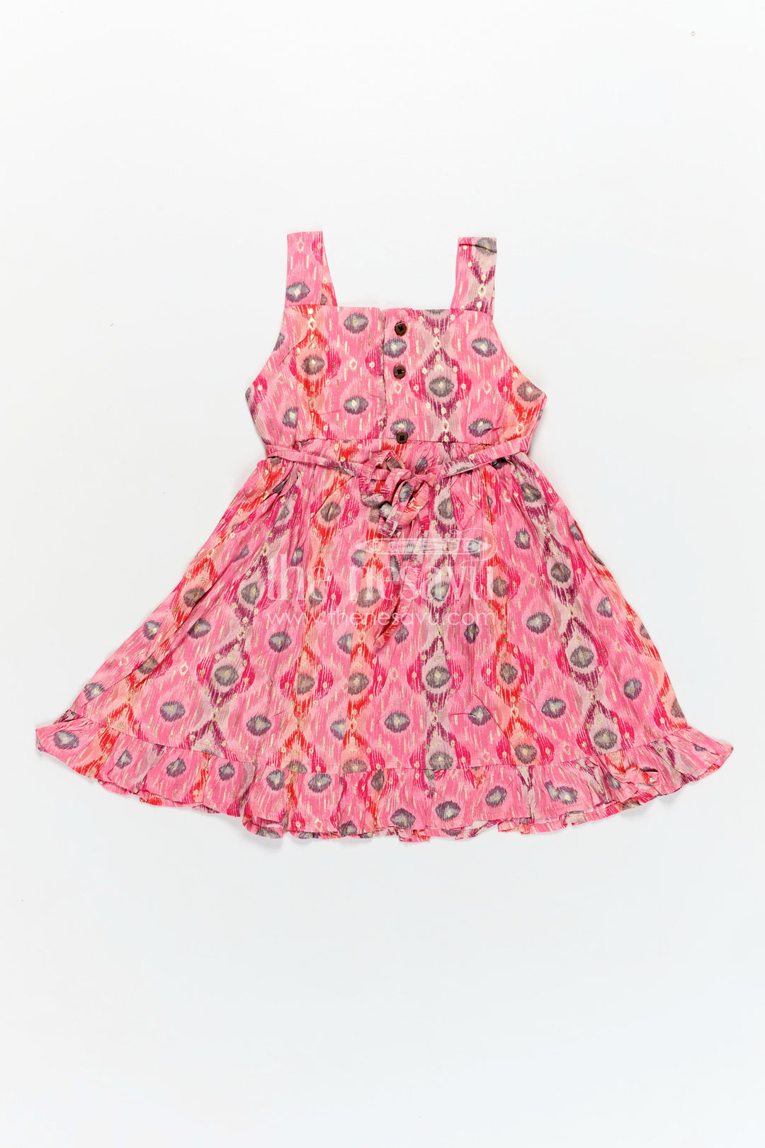 The Nesavu Girls Fancy Frock Girls Everyday Casual Cotton Frock in Pink Modal Silk with Digital Print and Ruffled Hem for Daily Style Nesavu Nesavu Pink Girls Everyday Casual Cotton Frock Modal Silk Digital Print Bow Detail