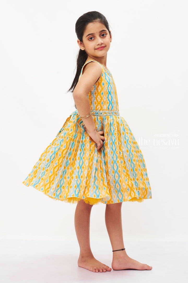 The Nesavu Silk Party Frock Girls Exclusive Handmade Ikat-Inspired Pattu Silk Frock Nesavu Buy Trendy Handmade Pattu Silk Frocks | Girls Boutique Party Wear Online | The Nesavu