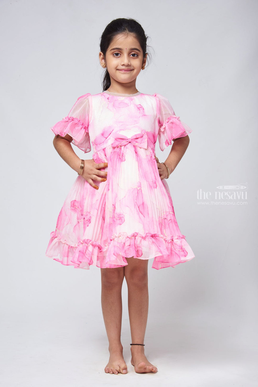 The Nesavu Girls Fancy Frock Girls Fancy Georgette Frock with Elegant Detailing and Lace Trims Nesavu 16 (1Y) / Pink / Organza GFC1120A-16 Designer Girls Party Dress - Perfect For Photoshoots | The Nesavu