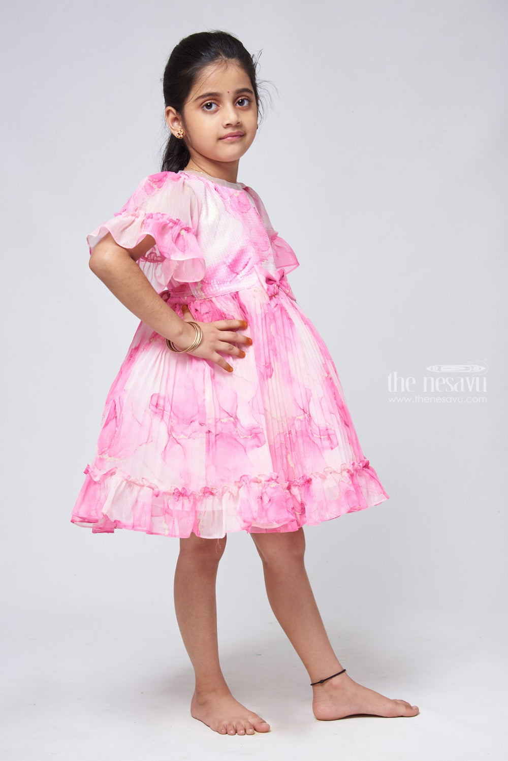 The Nesavu Girls Fancy Frock Girls Fancy Georgette Frock with Elegant Detailing and Lace Trims Nesavu Designer Girls Party Dress - Perfect For Photoshoots | The Nesavu