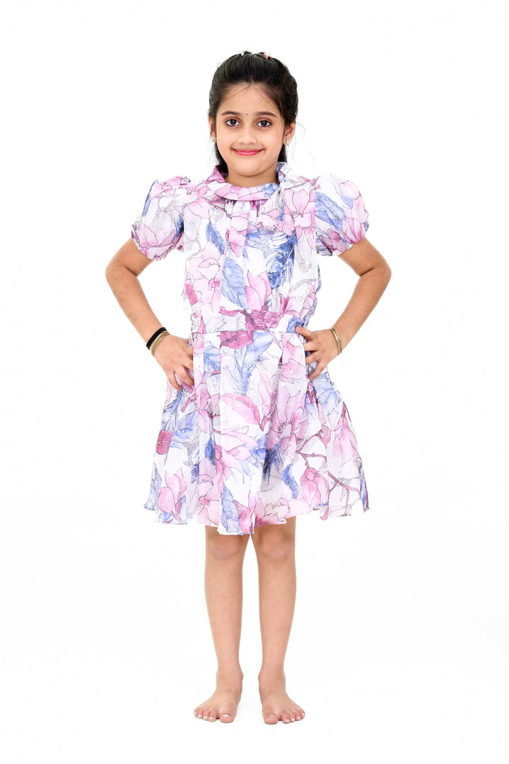 The Nesavu Girls Fancy Frock Girls Fancy Georgette Party Dress with Floral Prints and Puff Sleeves Nesavu 20 (3Y) / Pink GFC1531A-20 Floral Print Georgette Party Dress Girls Puff Sleeves - Nesavu