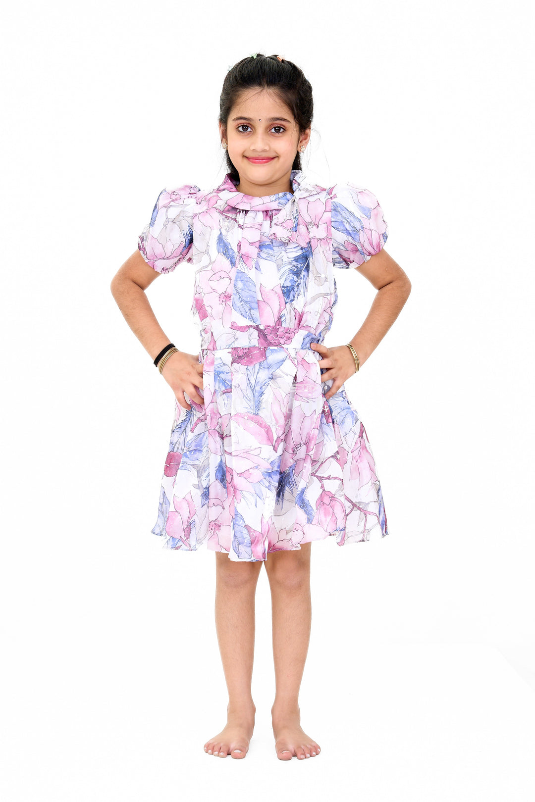 The Nesavu Girls Fancy Frock Girls Fancy Georgette Party Dress with Floral Prints and Puff Sleeves Nesavu 20 (3Y) / Pink GFC1531A-20 Floral Print Georgette Party Dress Girls Puff Sleeves - Nesavu