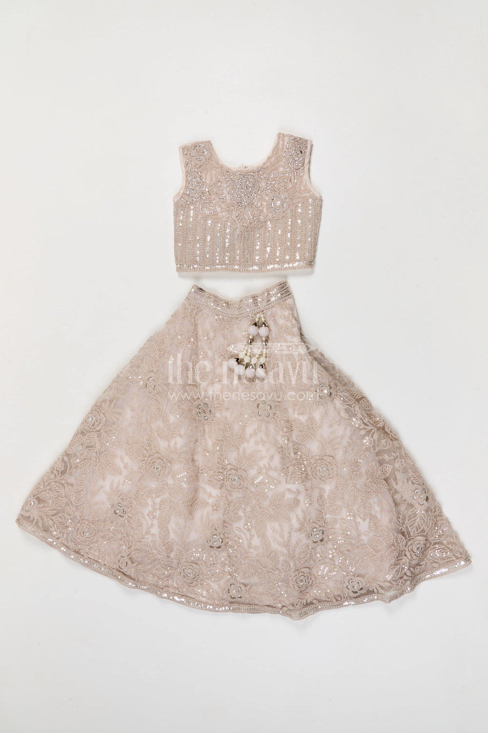 The Nesavu Girls Fancy Lehenga Girls Fancy Lehenga for Weddings and Grand Celebrations Nesavu 24 (5Y) / Cream / Net GL882A-24 Nesavu girls soft net embroidered lehenga for weddings grand celebrations and festive occasions