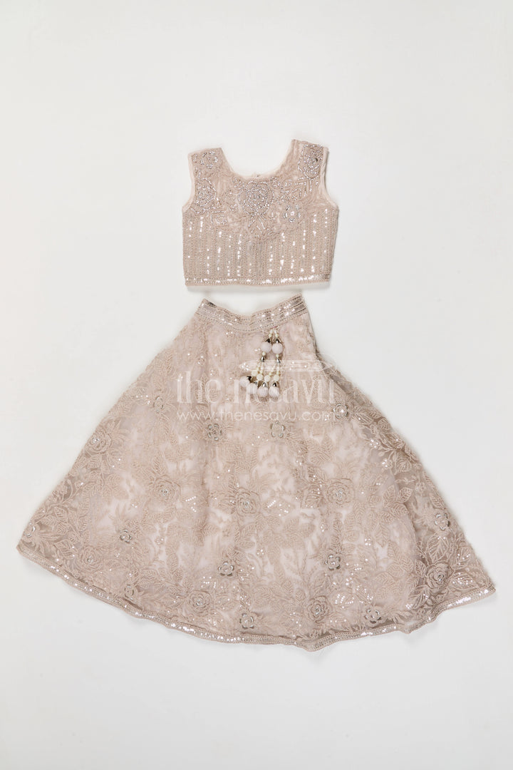 The Nesavu Girls Fancy Lehenga Girls Fancy Lehenga for Weddings and Grand Celebrations Nesavu 24 (5Y) / Cream / Net GL882A-24 Nesavu girls soft net embroidered lehenga for weddings grand celebrations and festive occasions