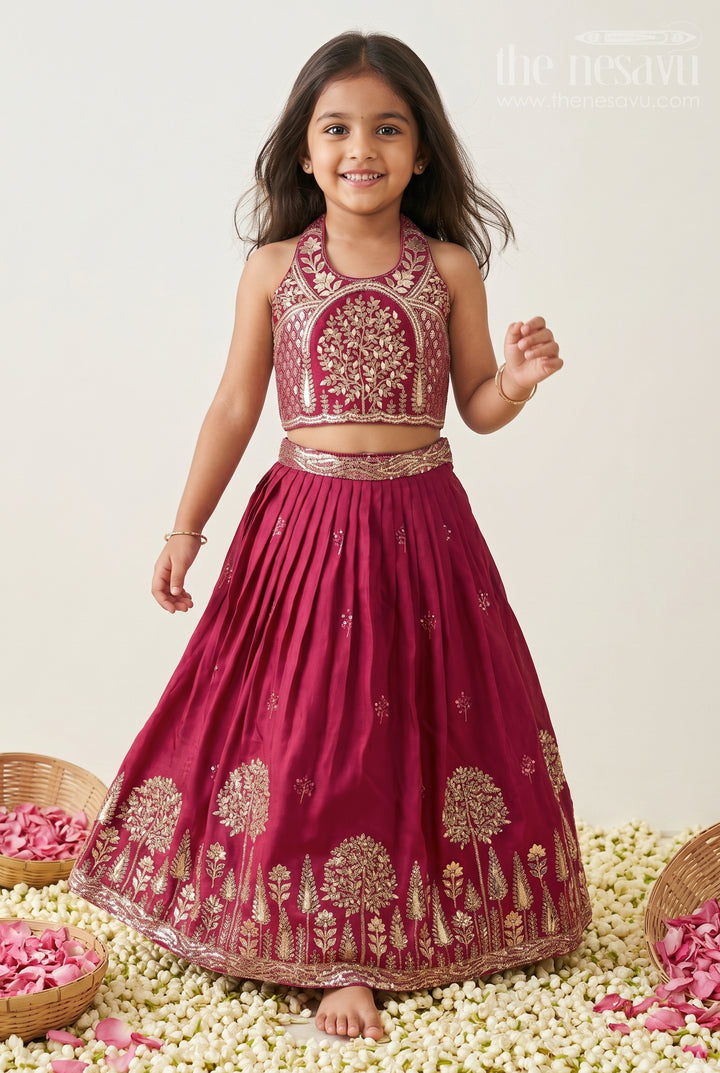 The Nesavu Girls Fancy Lehenga Girls Fancy Lehenga for Weddings and Grand Festive Celebrations Nesavu 24 (5Y) / Maroon / Viscose Silk GL922A-24 Nesavu Girls Fancy Lehenga For Weddings And Festive Occasions With Designer Embroidery Yoke Viscose Silk