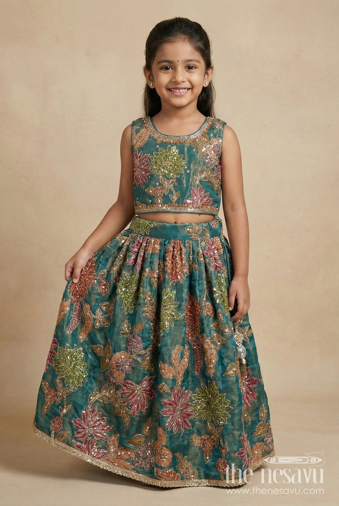 The Nesavu Girls Fancy Lehenga Girls Fancy Lehenga Set with Stylish Dupatta and Traditional Detailing Nesavu 16 (1Y) / Green GL662A-16 Nesavu girls fancy lehenga set printed blouse dupatta