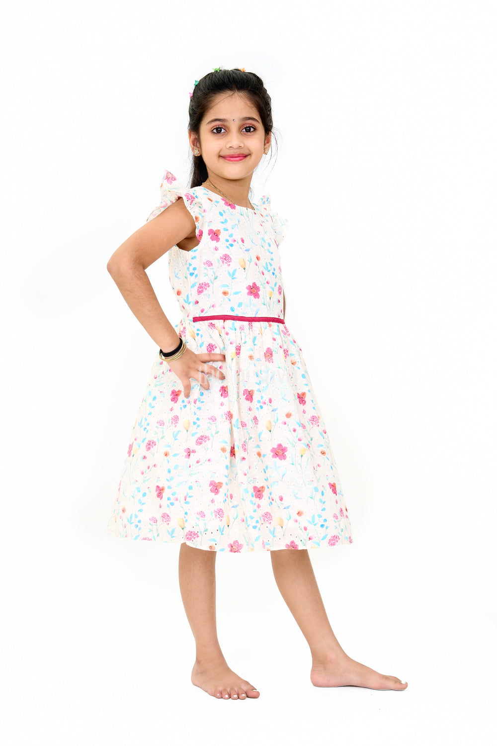 The Nesavu Girls Cotton Frock Girls Fancy Mini Dress with Floral Embroidery, Ruffled Sleeves, and Red Waistband Nesavu Nesavu Girls Fancy Mini Dress Floral Embroidery Ruffled Sleeves Red Waistband