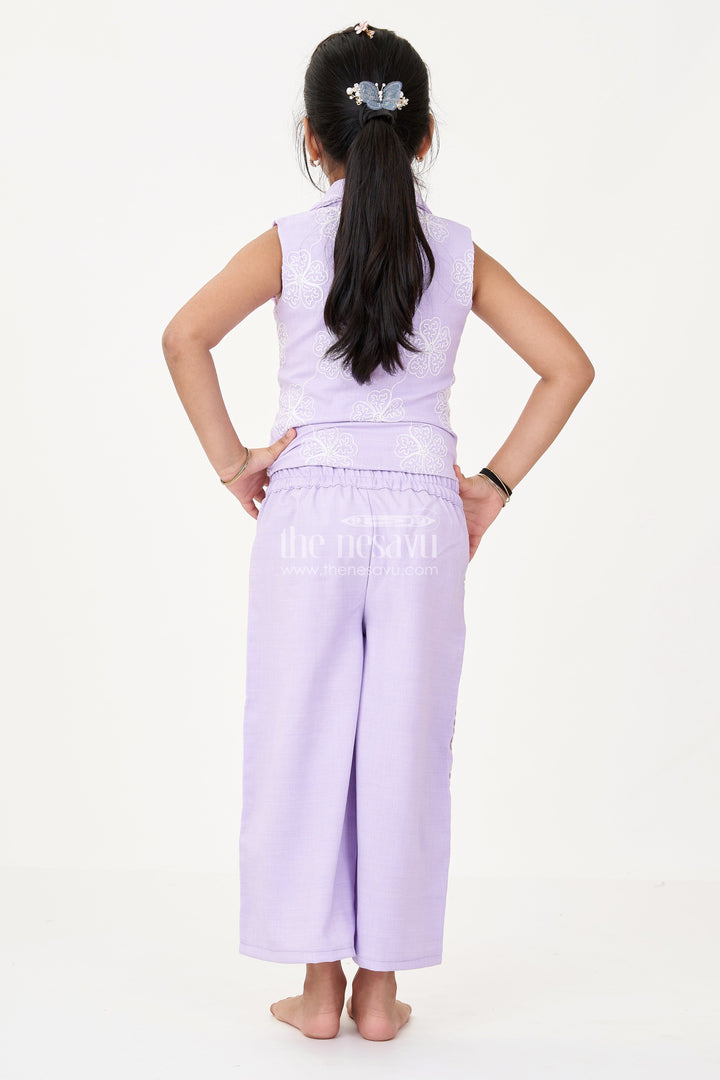 The Nesavu Girls Casual Set Girls Fancy Sharara Set in Lavender with Embroidered Jacket and Stylish Pants Nesavu Nesavu Girls Fancy Lavender Sharara Set Embroidered Jacket Flared Pants