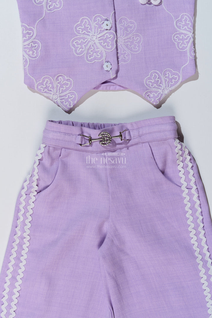 The Nesavu Girls Casual Set Girls Fancy Sharara Set in Lavender with Embroidered Jacket and Stylish Pants Nesavu Nesavu Girls Fancy Lavender Sharara Set Embroidered Jacket Flared Pants