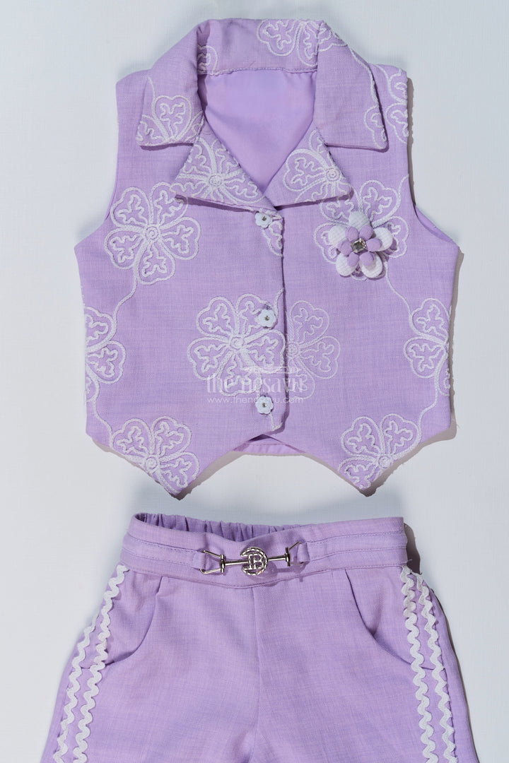 The Nesavu Girls Casual Set Girls Fancy Sharara Set in Lavender with Embroidered Jacket and Stylish Pants Nesavu Nesavu Girls Fancy Lavender Sharara Set Embroidered Jacket Flared Pants