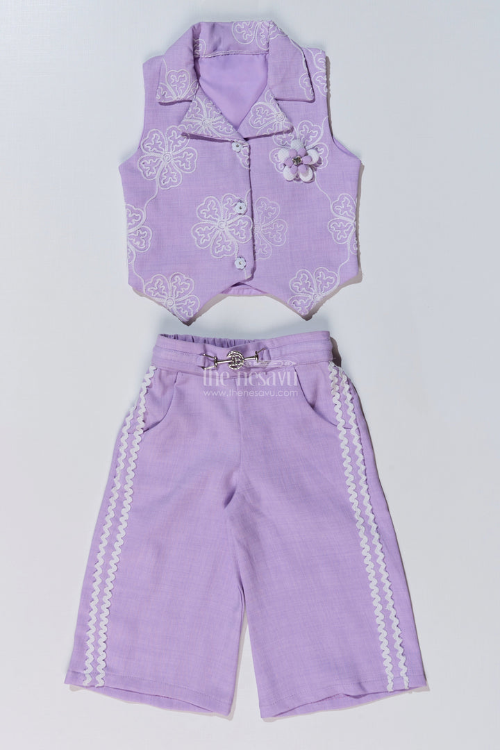 The Nesavu Girls Casual Set Girls Fancy Sharara Set in Lavender with Embroidered Jacket and Stylish Pants Nesavu Nesavu Girls Fancy Lavender Sharara Set Embroidered Jacket Flared Pants