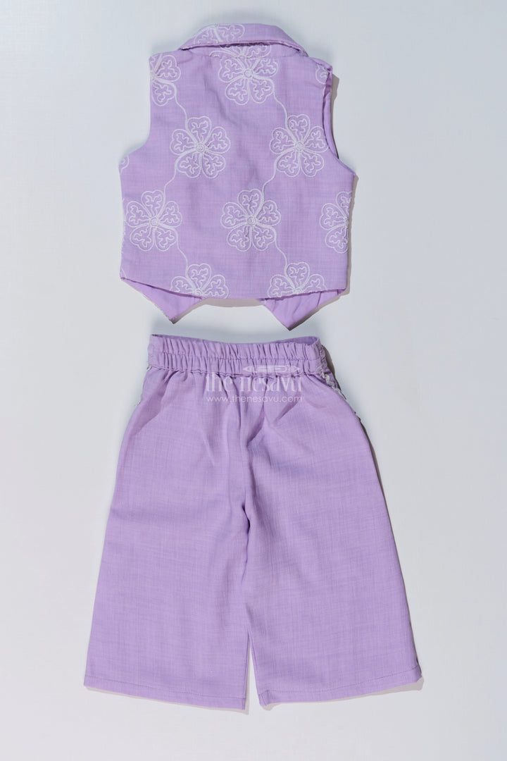The Nesavu Girls Casual Set Girls Fancy Sharara Set in Lavender with Embroidered Jacket and Stylish Pants Nesavu Nesavu Girls Fancy Lavender Sharara Set Embroidered Jacket Flared Pants