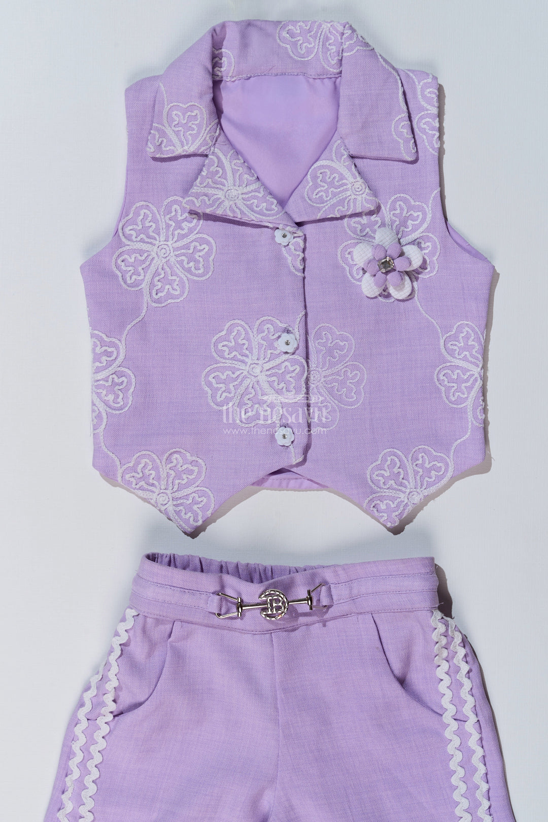 The Nesavu Girls Casual Set Girls Fancy Sharara Set in Lavender with Embroidered Jacket and Stylish Pants Nesavu Nesavu Girls Fancy Lavender Sharara Set Embroidered Jacket Flared Pants