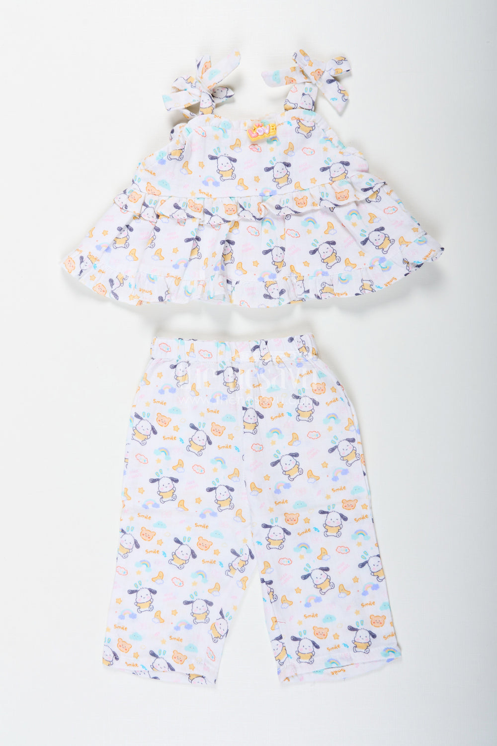 The Nesavu Girls Casual Set Girls Fashionable Sharara Set in Soft Muslin with Digital Print and Ruffle Top Design Nesavu 14 (6M) / Cream GPS595A-14 Nesavu Girls Fashionable Sharara Set in Muslin with Digital Print and Ruffle Top Detail