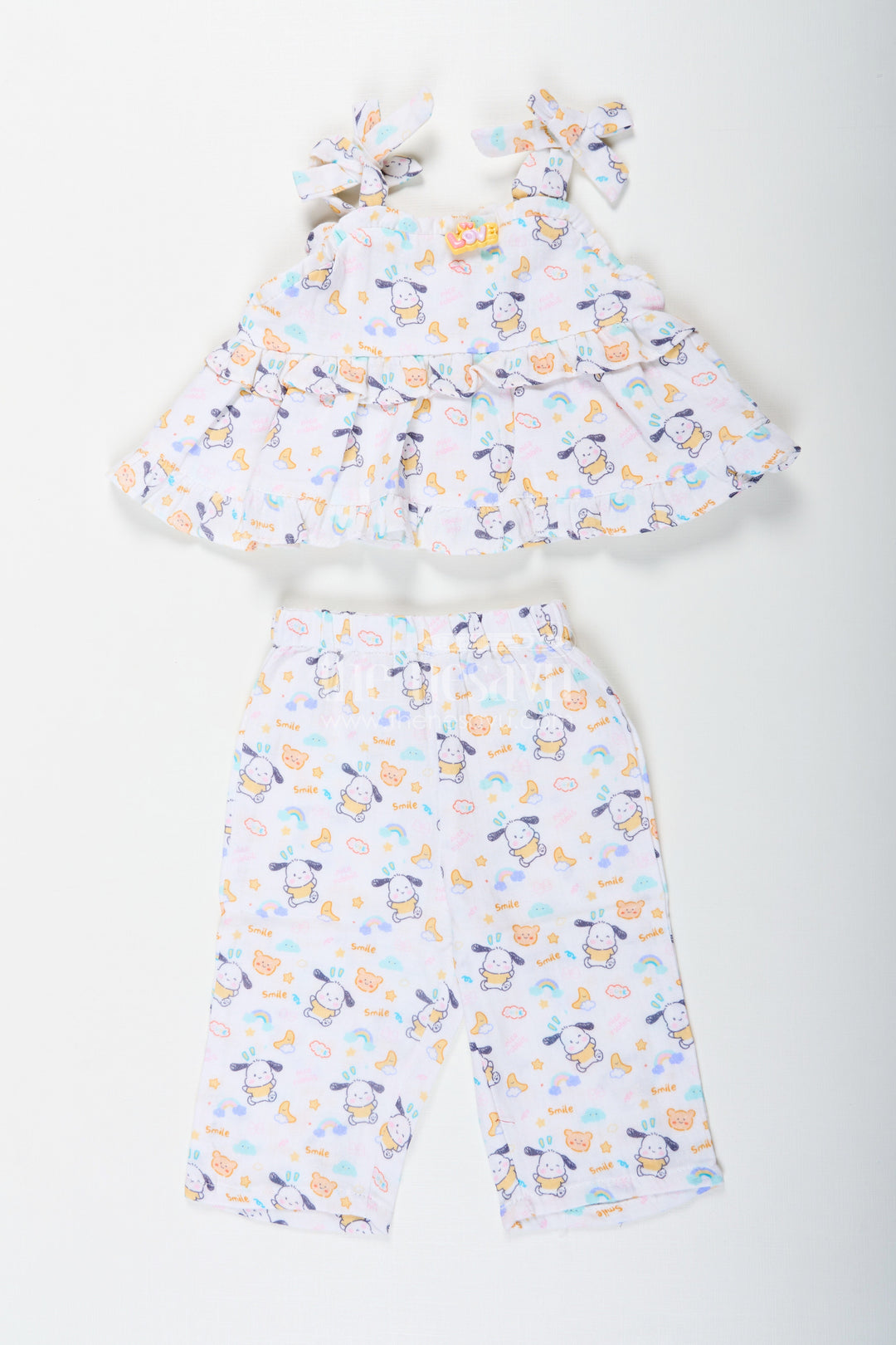 The Nesavu Girls Casual Set Girls Fashionable Sharara Set in Soft Muslin with Digital Print and Ruffle Top Design Nesavu 14 (6M) / Cream GPS595A-14 Nesavu Girls Fashionable Sharara Set in Muslin with Digital Print and Ruffle Top Detail