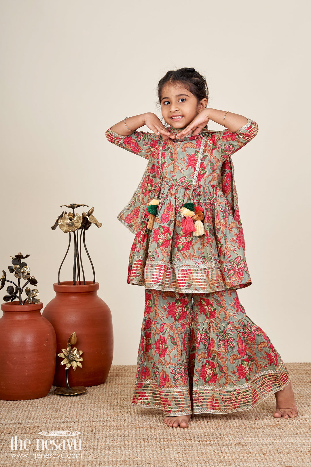 The Nesavu Girls Sharara / Plazo Set Girls festive block printed plazo set with flared kurti Nesavu 16 (1Y) / Multicolor GPS838A-16 Nesavu girls cotton plazo set multicolor block print tassels  ideal weddings festive events