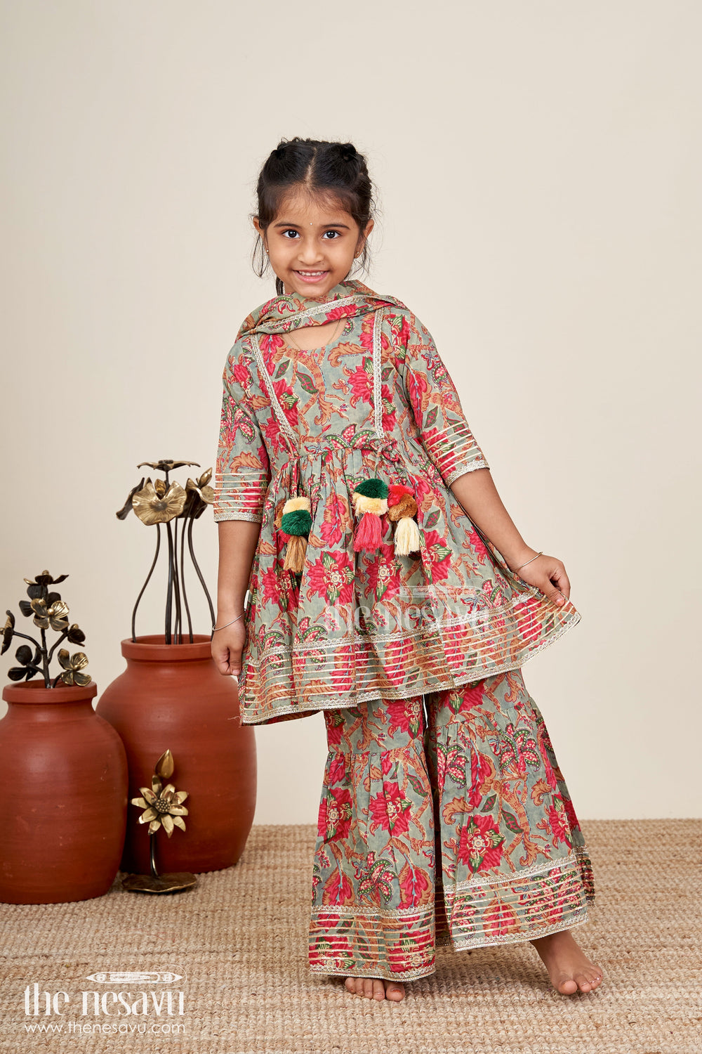 The Nesavu Girls Sharara / Plazo Set Girls festive block printed plazo set with flared kurti Nesavu Nesavu girls cotton plazo set multicolor block print tassels  ideal weddings festive events