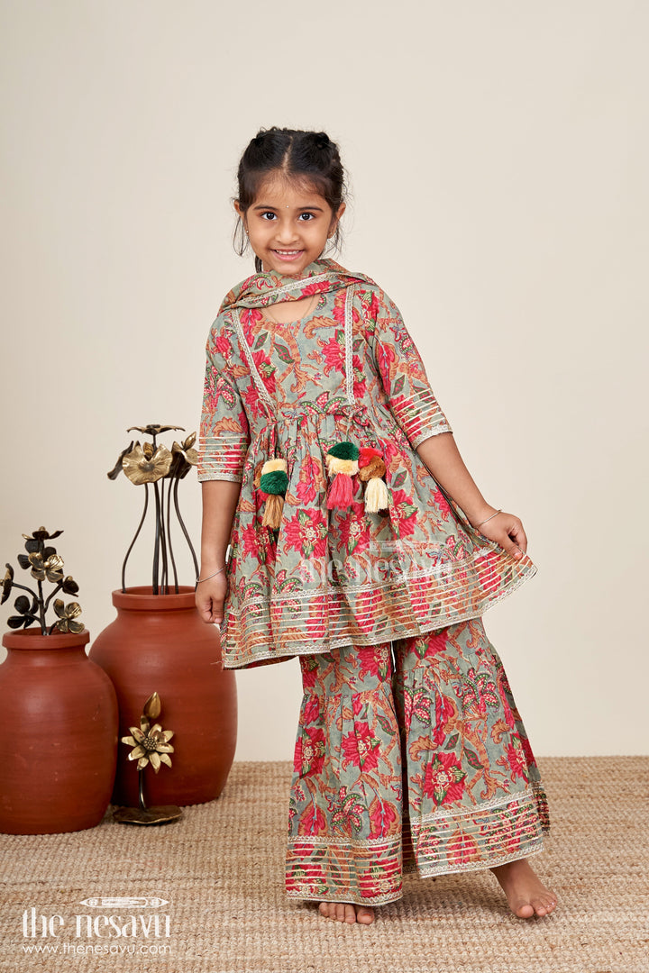 The Nesavu Girls Sharara / Plazo Set Girls festive block printed plazo set with flared kurti Nesavu Nesavu girls cotton plazo set multicolor block print tassels  ideal weddings festive events