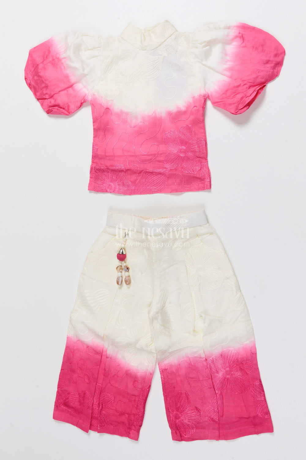 The Nesavu Girls Co-Ord Sets Girls Festive Co-Ord Set with Puff Sleeves and Tie Dye Detail Nesavu 18 (2Y) / Pink GPS724B-18 Nesavu tie dye co-ord set girls puff sleeves perfect festive occasions casual ethnic wear