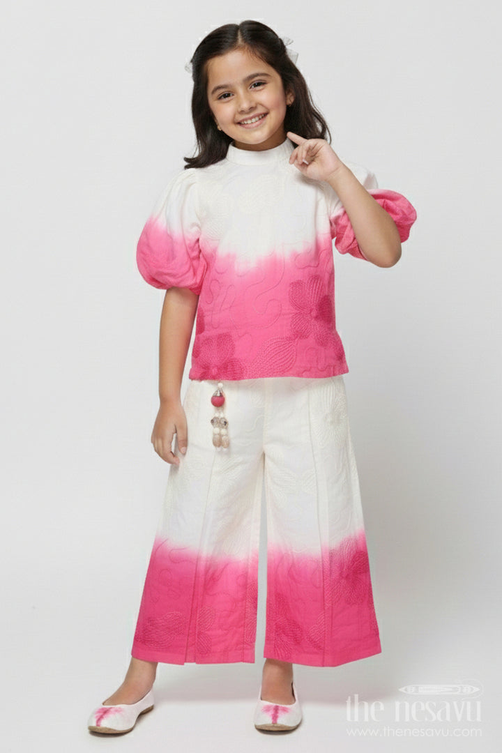 The Nesavu Girls Co-Ord Sets Girls Festive Co-Ord Set with Puff Sleeves and Tie Dye Detail Nesavu 18 (2Y) / Pink GPS724B-18 Nesavu tie dye co-ord set girls puff sleeves perfect festive occasions casual ethnic wear