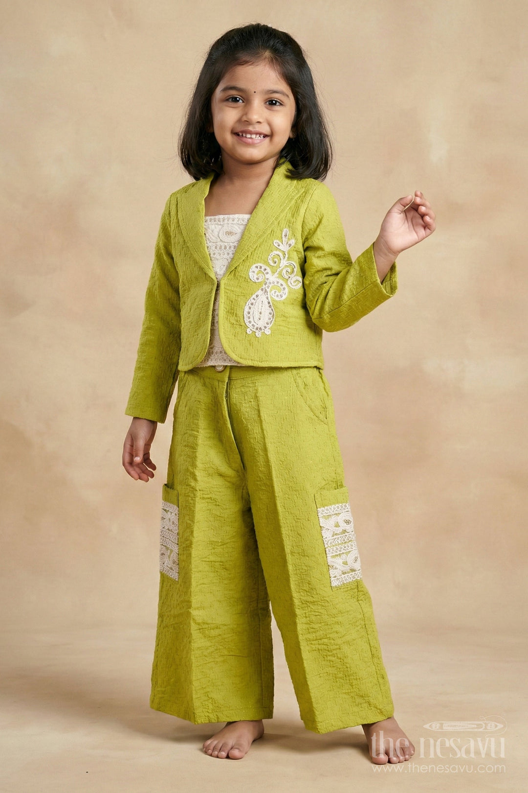 The Nesavu Girls Co-Ord Sets Girls Festive Co-Ord Set with Thread Embroidery for Cultural Occasions Nesavu Nesavu girls co-ord set thread embroidery rayon cotton festive cultural gatherings
