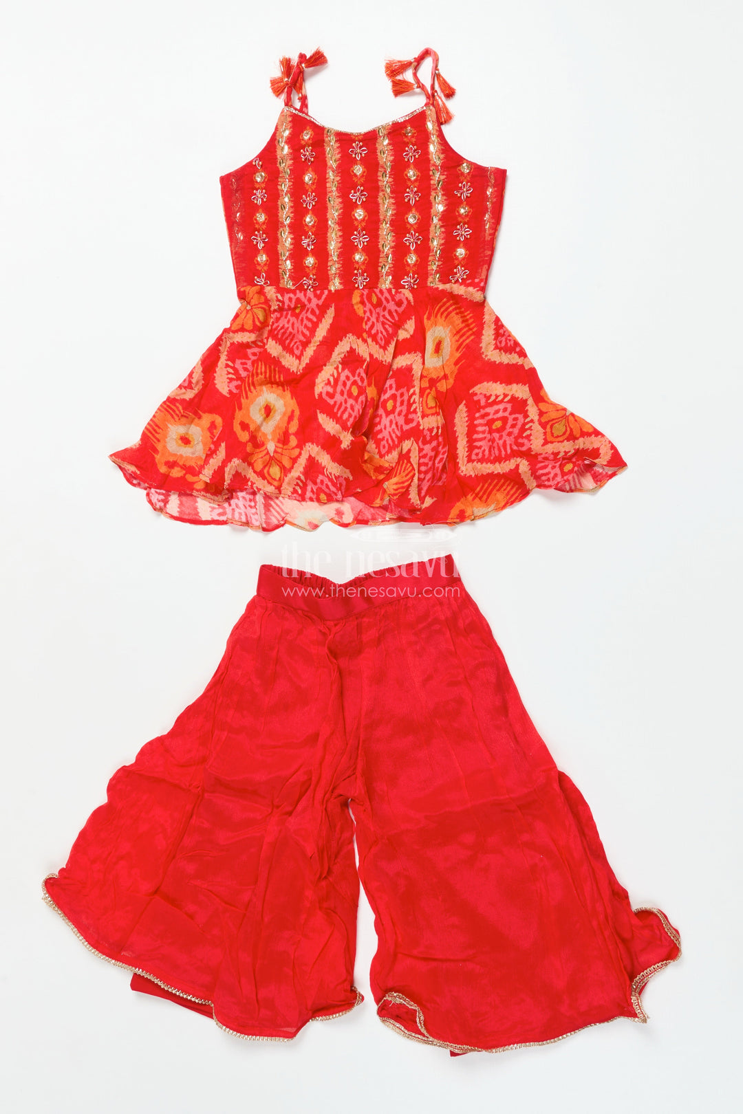 The Nesavu Girls Sharara / Plazo Set Girls Festive Georgette Sharara Set with Embroidered Yoke and Flared Pants Nesavu 18 (2Y) / Red GPS772B-18 Nesavu girls embroidered georgette sharara set  festive ethnic wear
