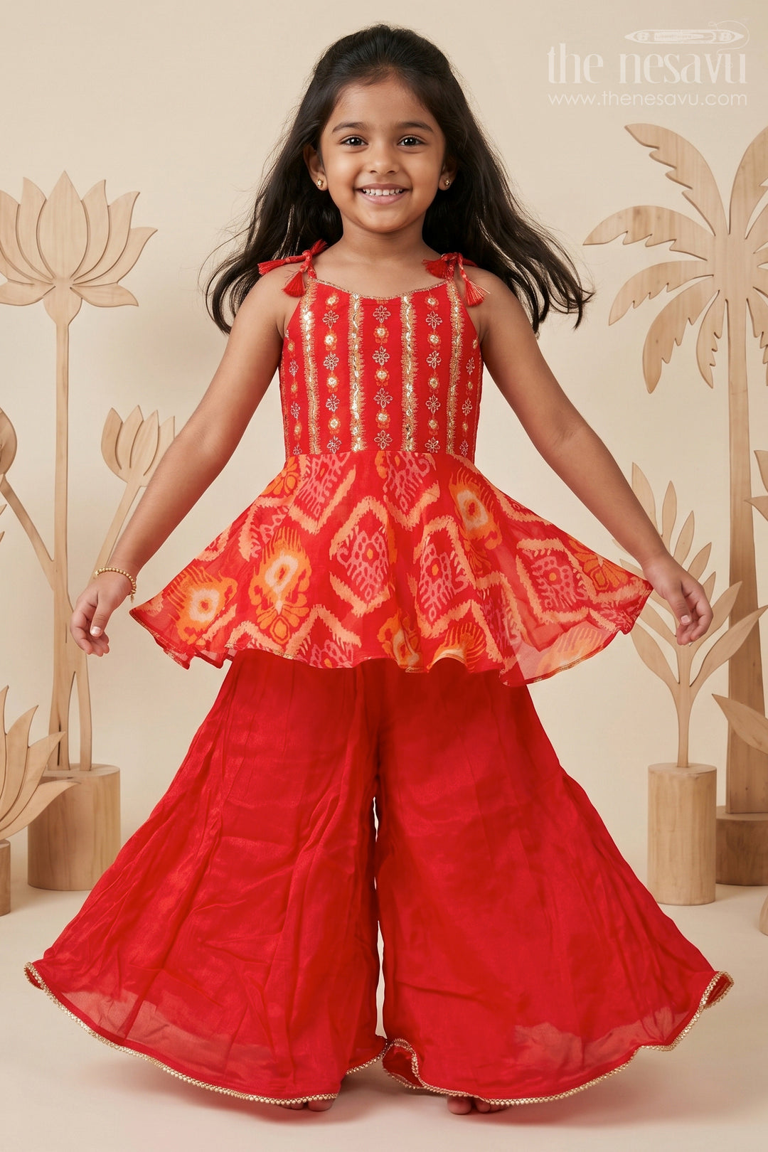 The Nesavu Girls Sharara / Plazo Set Girls Festive Georgette Sharara Set with Embroidered Yoke and Flared Pants Nesavu 18 (2Y) / Red GPS772B-18 Nesavu girls embroidered georgette sharara set  festive ethnic wear