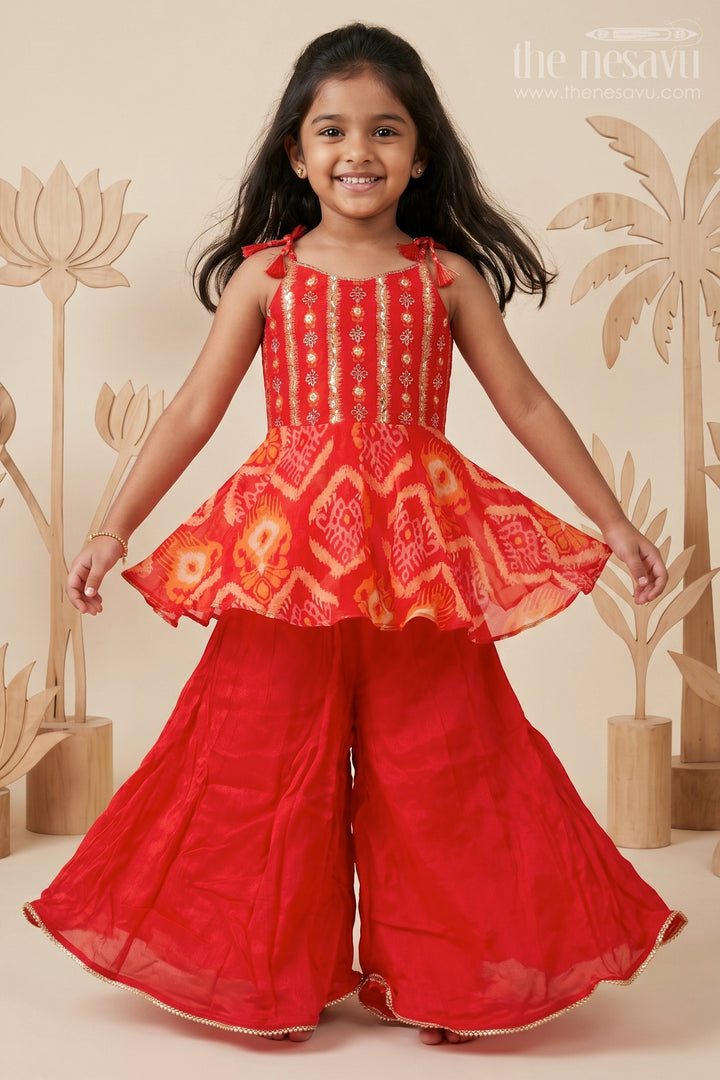 The Nesavu Girls Sharara / Plazo Set Girls Festive Georgette Sharara Set with Embroidered Yoke and Flared Pants Nesavu 18 (2Y) / Red GPS772B-18 Nesavu girls embroidered georgette sharara set  festive ethnic wear