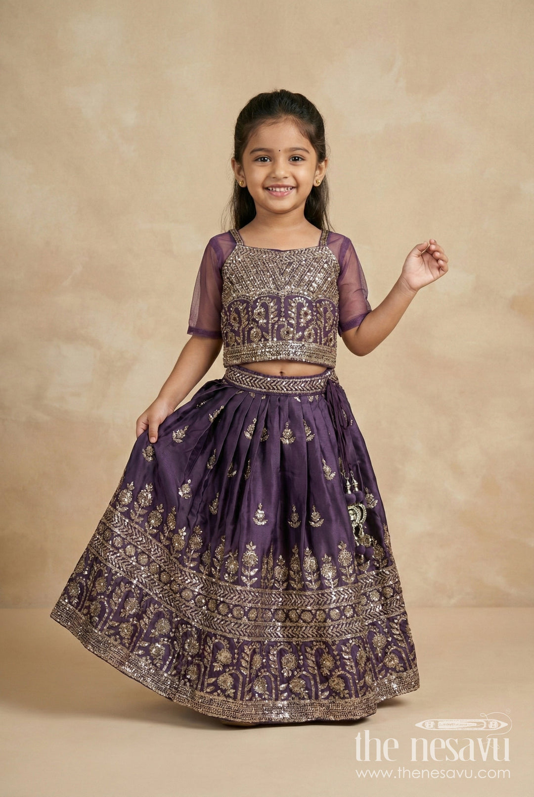 The Nesavu Girls Lehenga Choli Girls Festive Lehenga Choli Sequin Dupatta Party Look Nesavu 18 (2Y) / Purple GL701A-18 Nesavu Deep Plum Kids Festive Lehenga Sequins Dupatta Diwali Traditional Celebrations