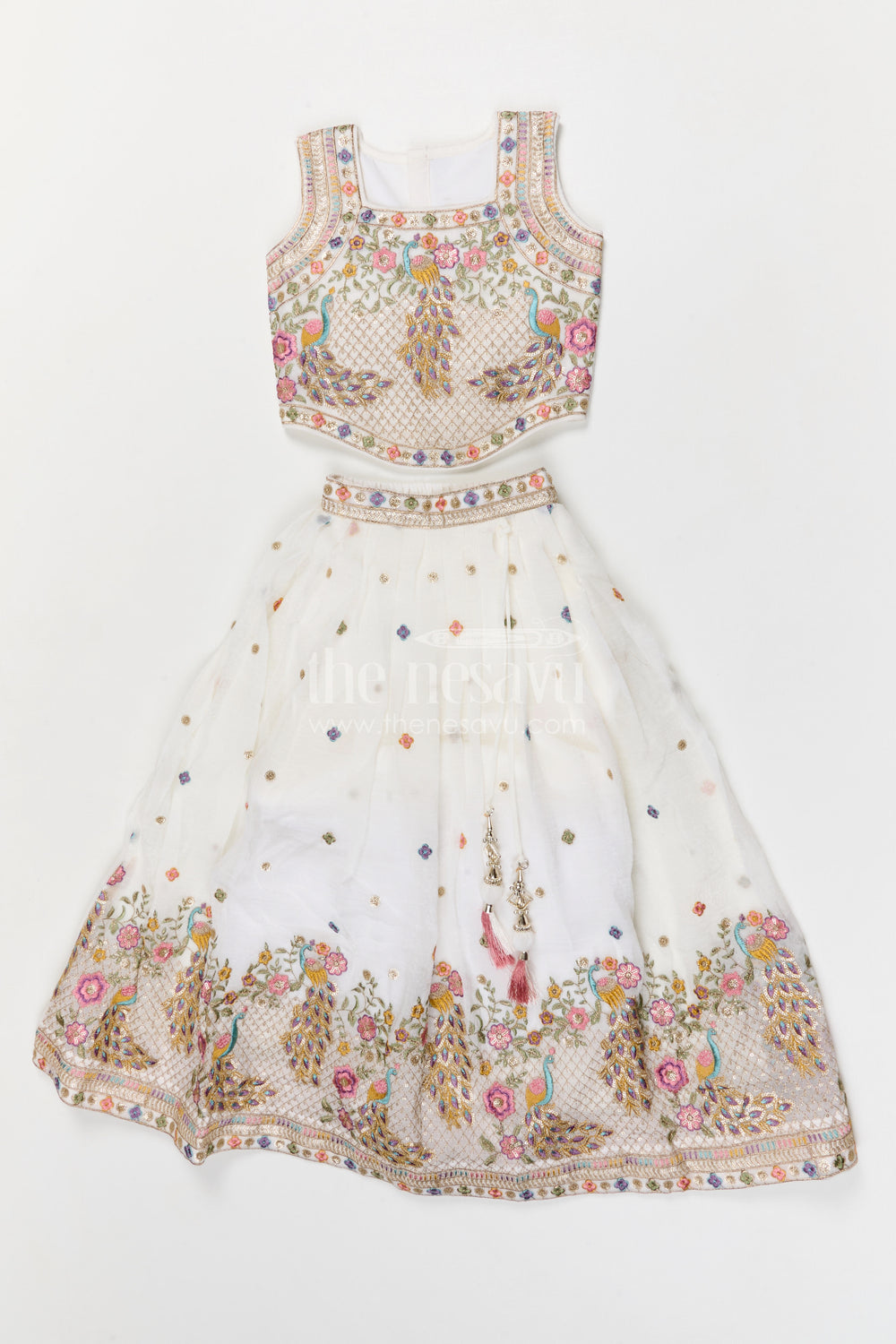 The Nesavu Girls Fancy Lehenga Girls Festive Lehenga for Weddings and Grand Celebrations Nesavu 16 (1Y) / Half white / Georgette GL885B-16 Nesavu girls crushed georgette festive lehenga for weddings and celebrations with embroidered yoke