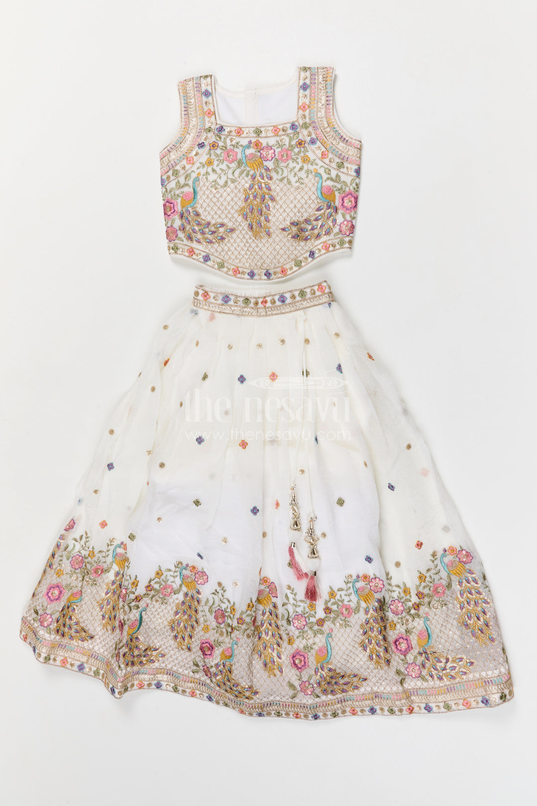 The Nesavu Girls Fancy Lehenga Girls Festive Lehenga for Weddings and Grand Celebrations Nesavu 16 (1Y) / Half white / Georgette GL885B-16 Nesavu girls crushed georgette festive lehenga for weddings and celebrations with embroidered yoke