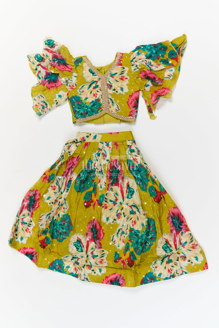 The Nesavu Girls Fancy Lehenga Girls Festive Lehenga with Floral Print and Puff Sleeve Blouse for Celebrations Nesavu 16 (1Y) / Green / Chinnon GL857A-16 Nesavu girls Chinon silk floral lehenga set with puff sleeve blouse for weddings and festive occasions
