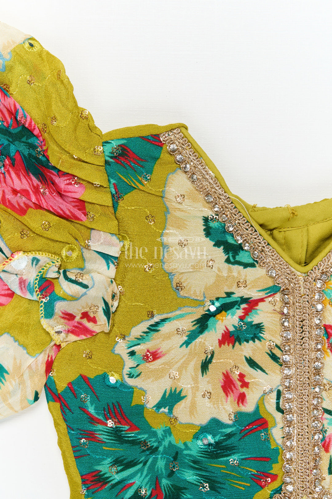 The Nesavu Girls Fancy Lehenga Girls Festive Lehenga with Floral Print and Puff Sleeve Blouse for Celebrations Nesavu Nesavu girls Chinon silk floral lehenga set with puff sleeve blouse for weddings and festive occasions