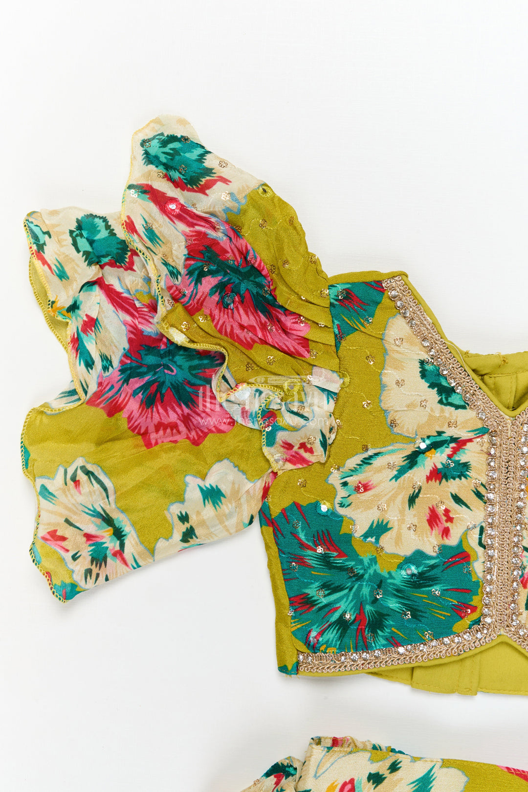 The Nesavu Girls Fancy Lehenga Girls Festive Lehenga with Floral Print and Puff Sleeve Blouse for Celebrations Nesavu Nesavu girls Chinon silk floral lehenga set with puff sleeve blouse for weddings and festive occasions