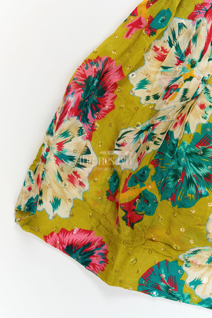 The Nesavu Girls Fancy Lehenga Girls Festive Lehenga with Floral Print and Puff Sleeve Blouse for Celebrations Nesavu Nesavu girls Chinon silk floral lehenga set with puff sleeve blouse for weddings and festive occasions
