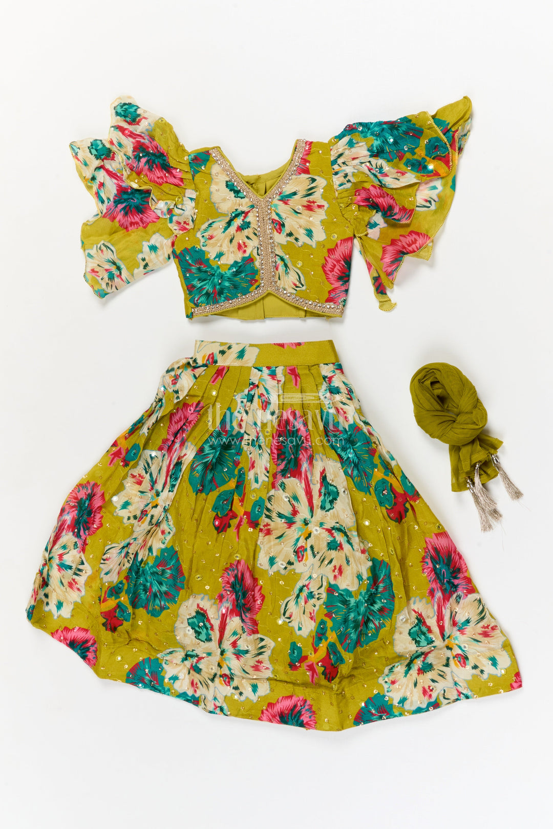 The Nesavu Girls Fancy Lehenga Girls Festive Lehenga with Floral Print and Puff Sleeve Blouse for Celebrations Nesavu Nesavu girls Chinon silk floral lehenga set with puff sleeve blouse for weddings and festive occasions