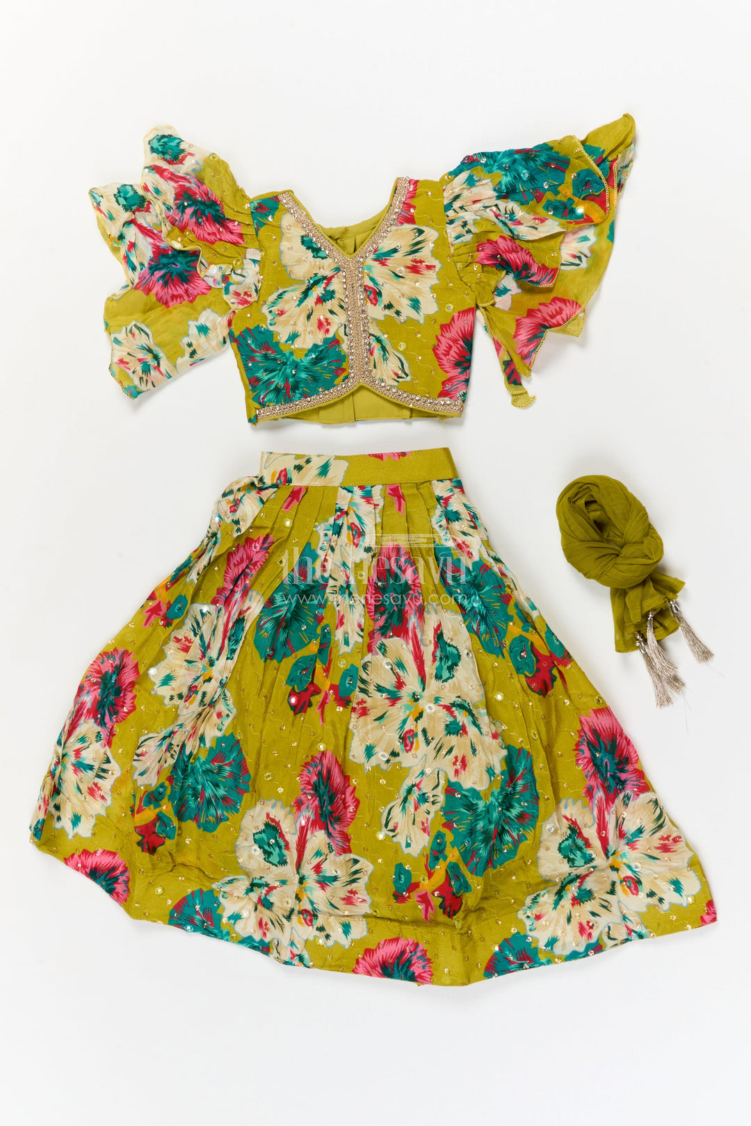 The Nesavu Girls Fancy Lehenga Girls Festive Lehenga with Floral Print and Puff Sleeve Blouse for Celebrations Nesavu Nesavu girls Chinon silk floral lehenga set with puff sleeve blouse for weddings and festive occasions