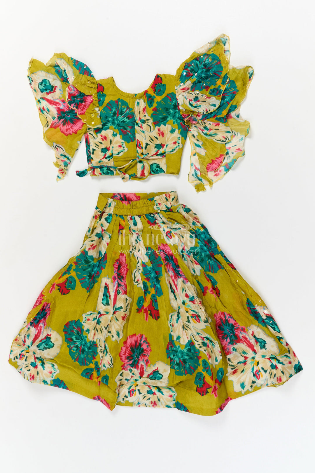 The Nesavu Girls Fancy Lehenga Girls Festive Lehenga with Floral Print and Puff Sleeve Blouse for Celebrations Nesavu Nesavu girls Chinon silk floral lehenga set with puff sleeve blouse for weddings and festive occasions