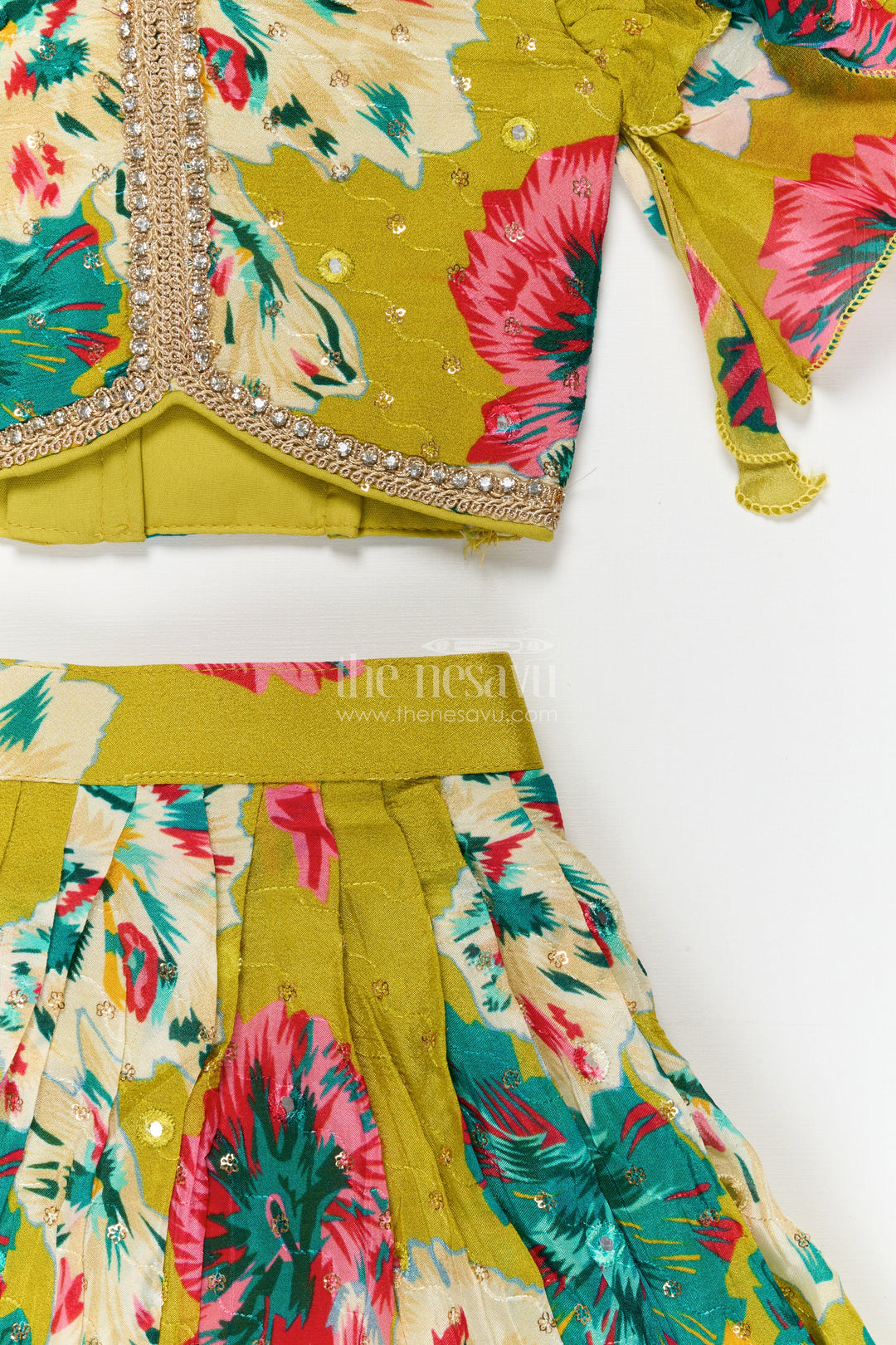 The Nesavu Girls Fancy Lehenga Girls Festive Lehenga with Floral Print and Puff Sleeve Blouse for Celebrations Nesavu Nesavu girls Chinon silk floral lehenga set with puff sleeve blouse for weddings and festive occasions