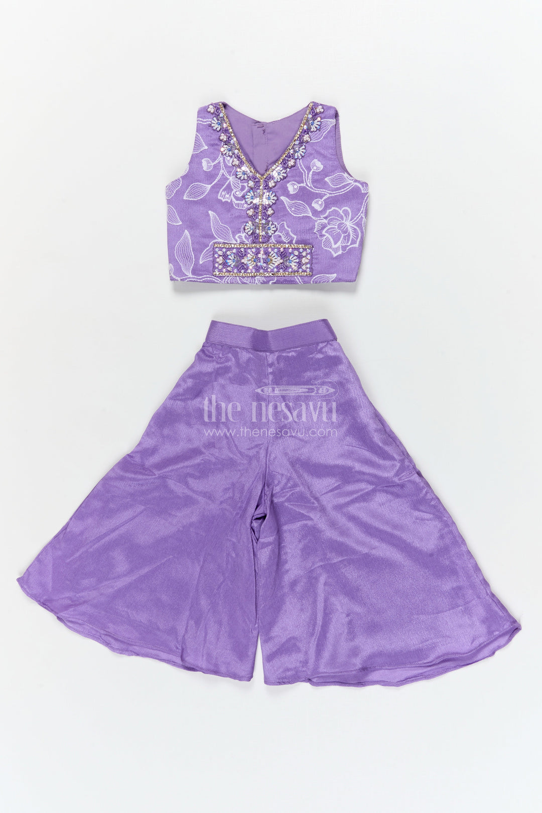 The Nesavu Girls Sharara / Plazo Set Girls Festive Palazzo Set for Weddings and School Ethnic Days Nesavu 16 (1Y) / Purple / Chinnon GPS939A-16 Nesavu girls palazzo set with embroidered blouse for weddings and ethnic school days