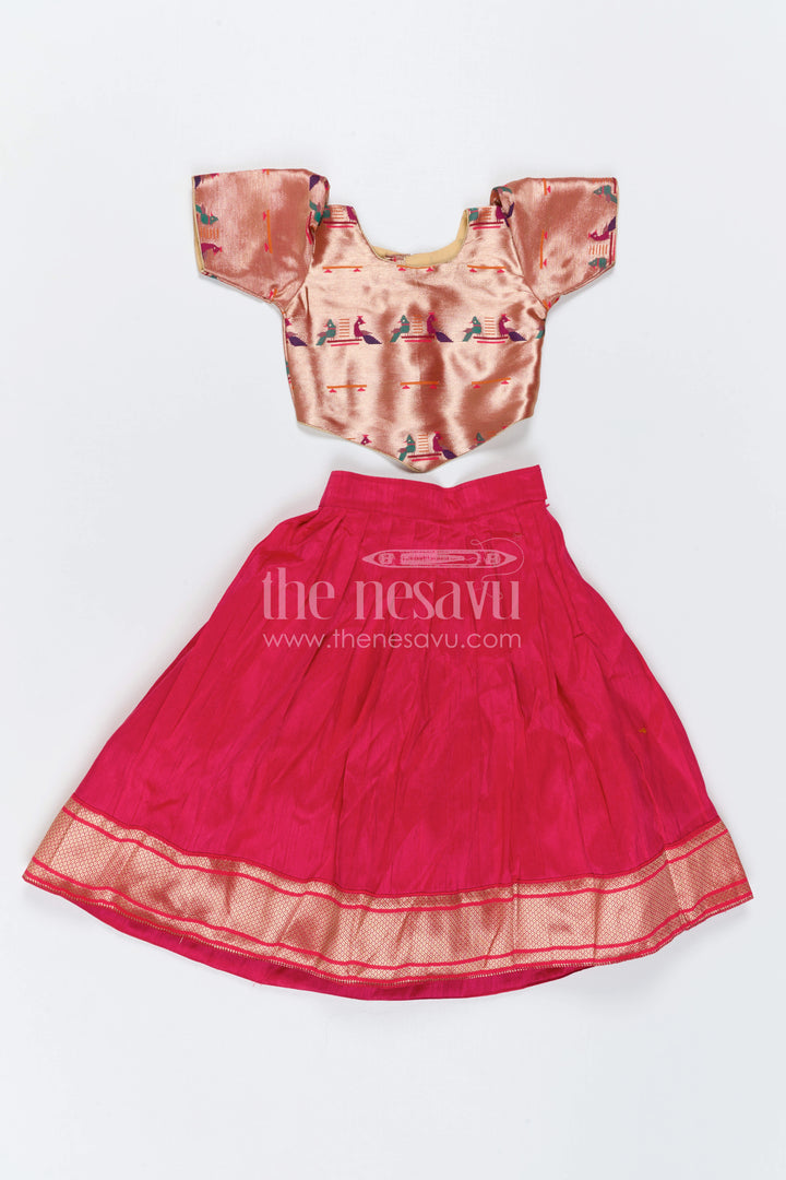 The Nesavu Pattu Pavadai Girls Festive Pavadai Set for Wedding and Cultural Functions Nesavu 18 (2Y) / Pink / Raw Silk GPP393B-18 Nesavu Girls Festive Pavadai Set With Paithani Blouse For Weddings And Family Celebrations
