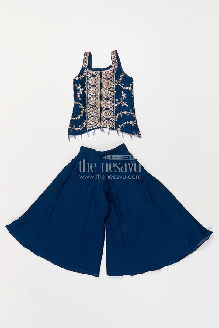 The Nesavu Girls Sharara / Plazo Set Girls Festive Plazo Set with Embroidered Blouse and Tassel Dupatta Nesavu 18 (2Y) / Blue / Georgette GPS927B-18 Nesavu girls embroidered sharara set with mirror yoke and dupatta for festivals and functions