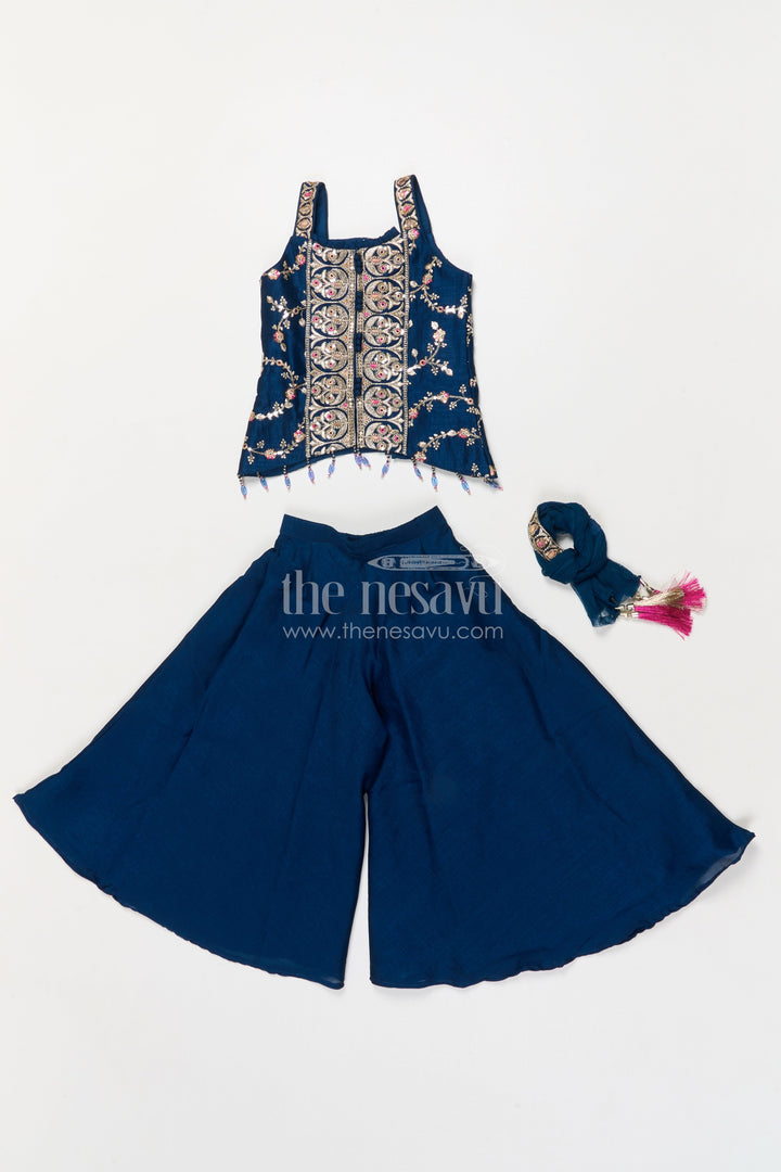 The Nesavu Girls Sharara / Plazo Set Girls Festive Plazo Set with Embroidered Blouse and Tassel Dupatta Nesavu Nesavu girls embroidered sharara set with mirror yoke and dupatta for festivals and functions