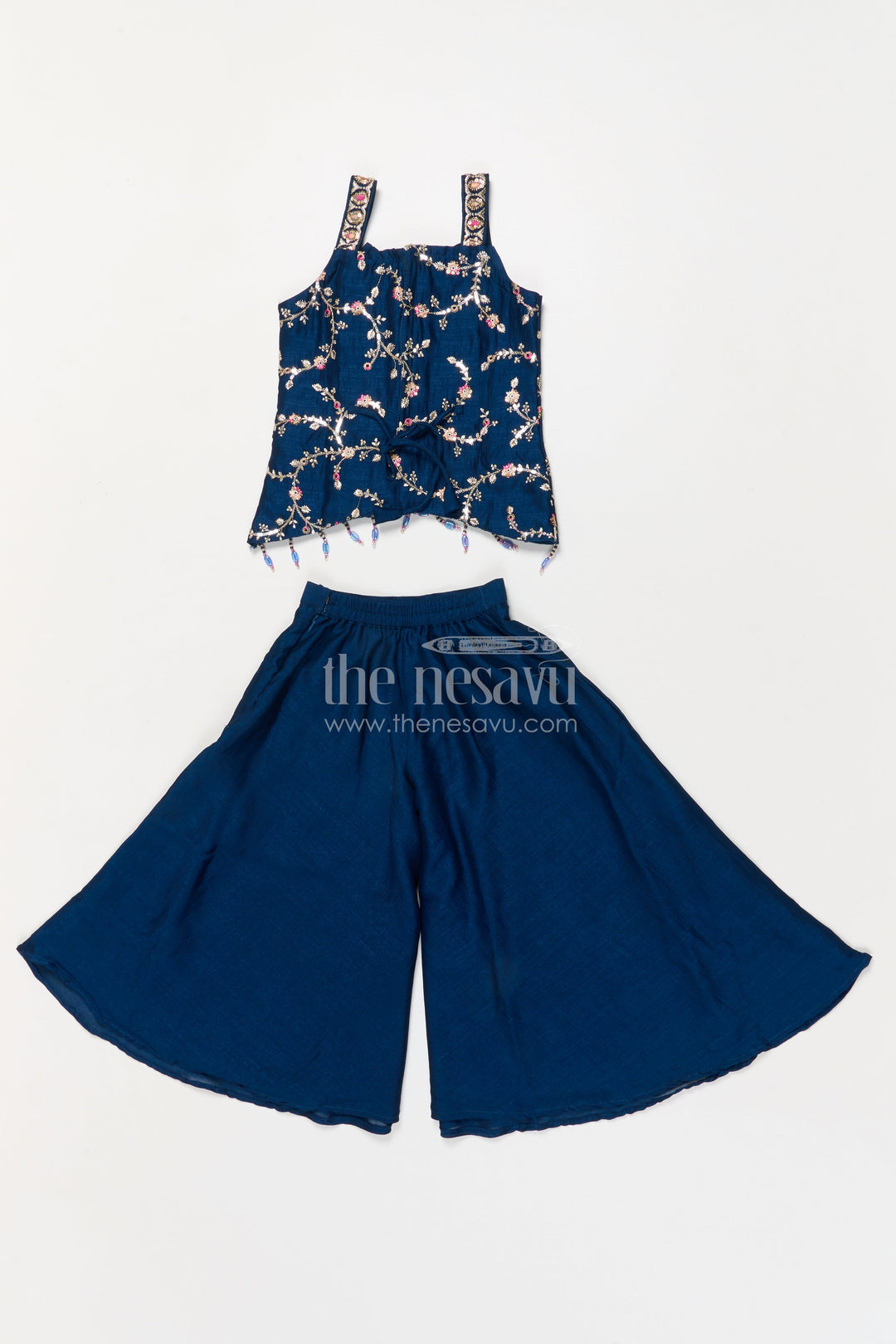 The Nesavu Girls Sharara / Plazo Set Girls Festive Plazo Set with Embroidered Blouse and Tassel Dupatta Nesavu Nesavu girls embroidered sharara set with mirror yoke and dupatta for festivals and functions